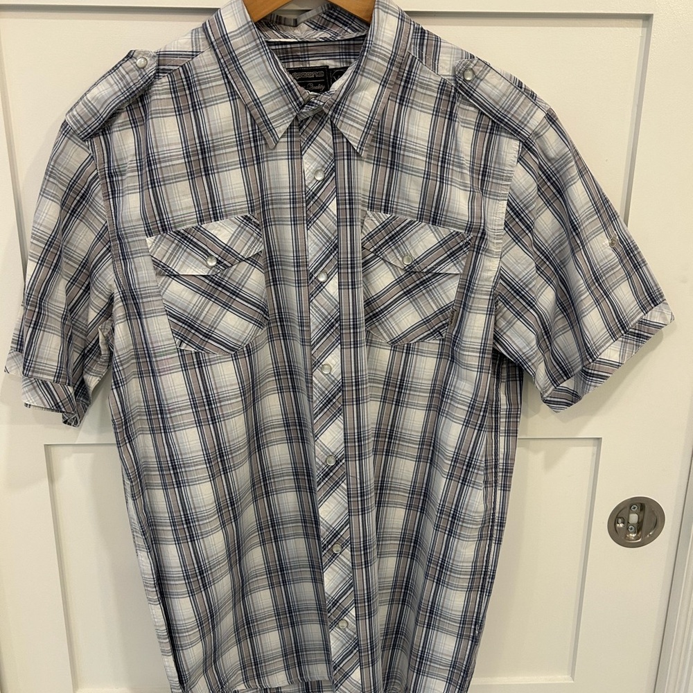 Men's Blue and White Plaid Button-Down Shirt